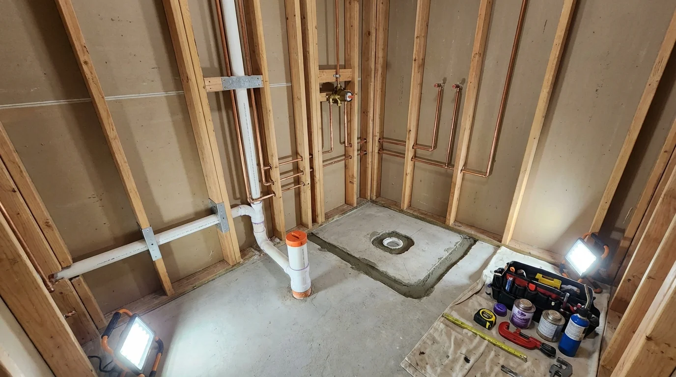 Bathroom rough-in plumbing during remodel by Johns Plumbing LLC in Dawson