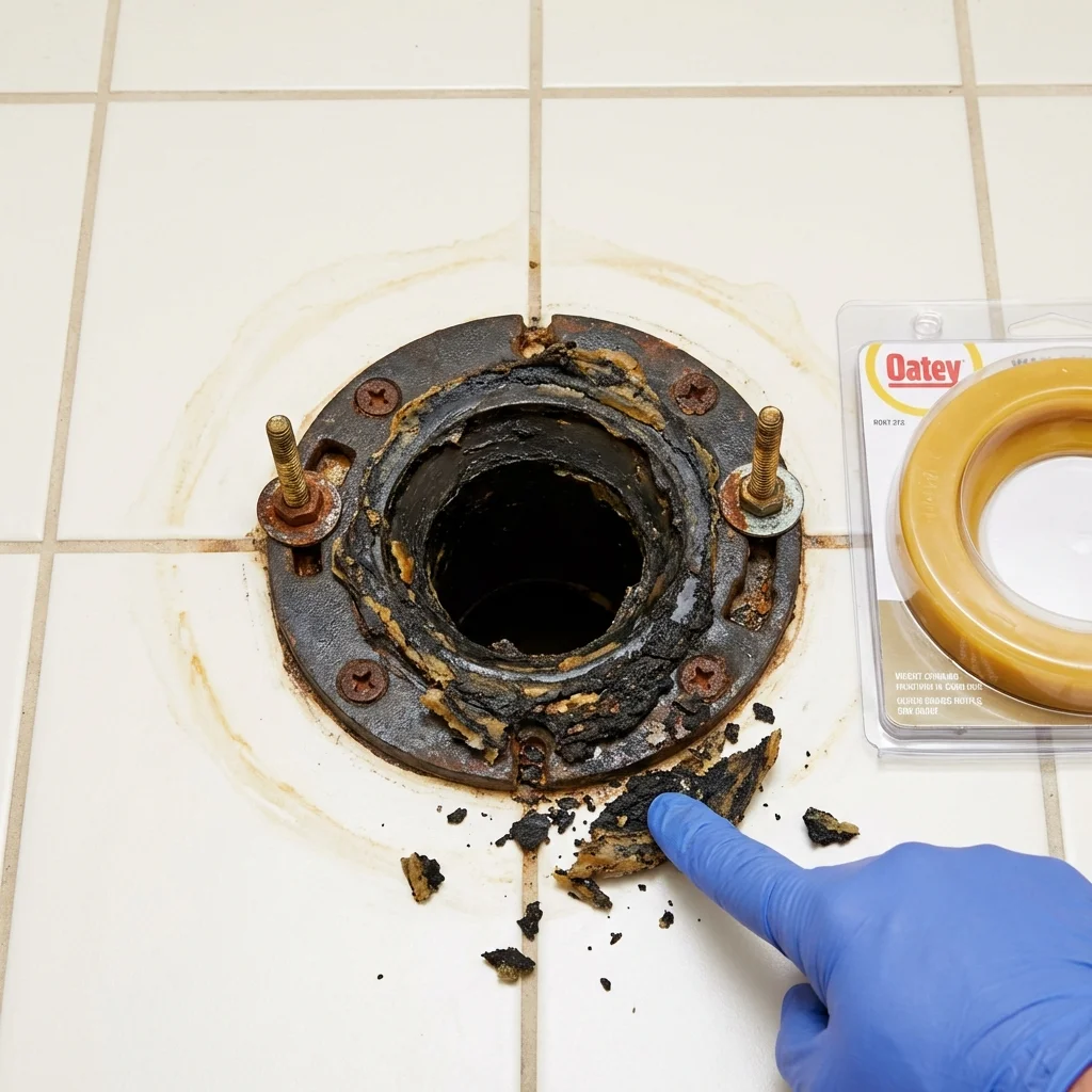 Failed wax ring showing water seepage at the base of a toilet in a Dawson, GA home